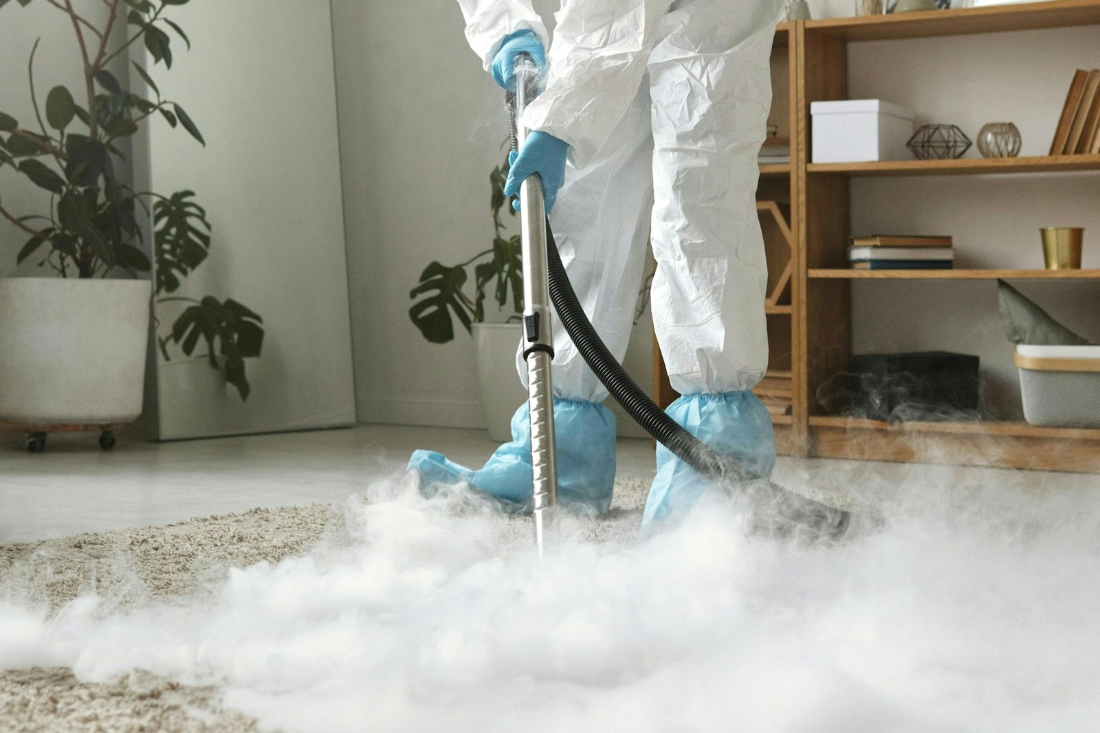 Dampfreiniger wird über eine Druckstelle im Teppich gehalten